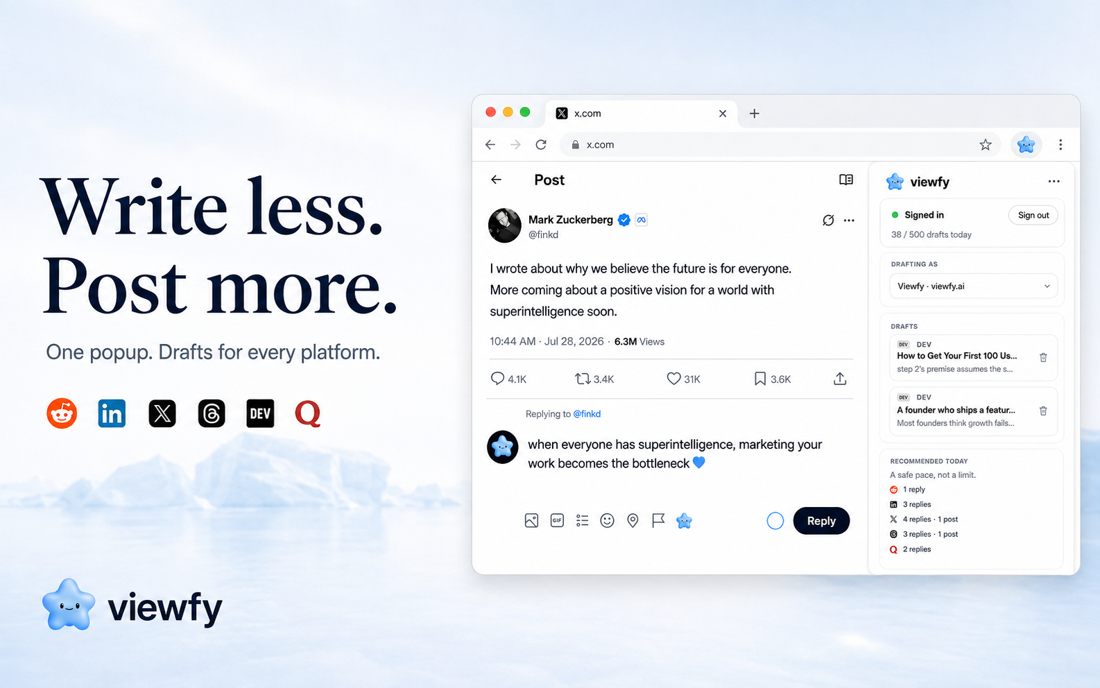 Write less. Post more. One popup. Drafts for Reddit, LinkedIn, X, Threads, DEV, Quora, Peerlist.