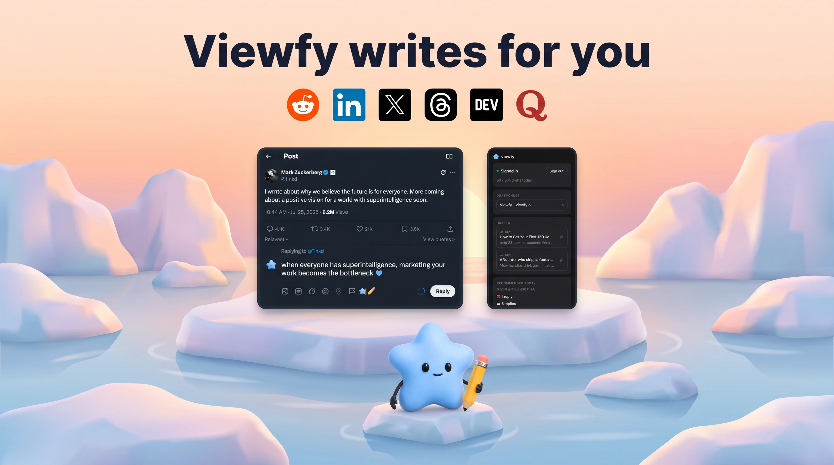 Viewfy writes for you: his draft inside the site's own reply box, the Viewfy panel with today's drafts beside it, and the star mascot on the ice.
